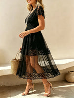 Women's Solid Lace Sheer V-Neck Midi Dress