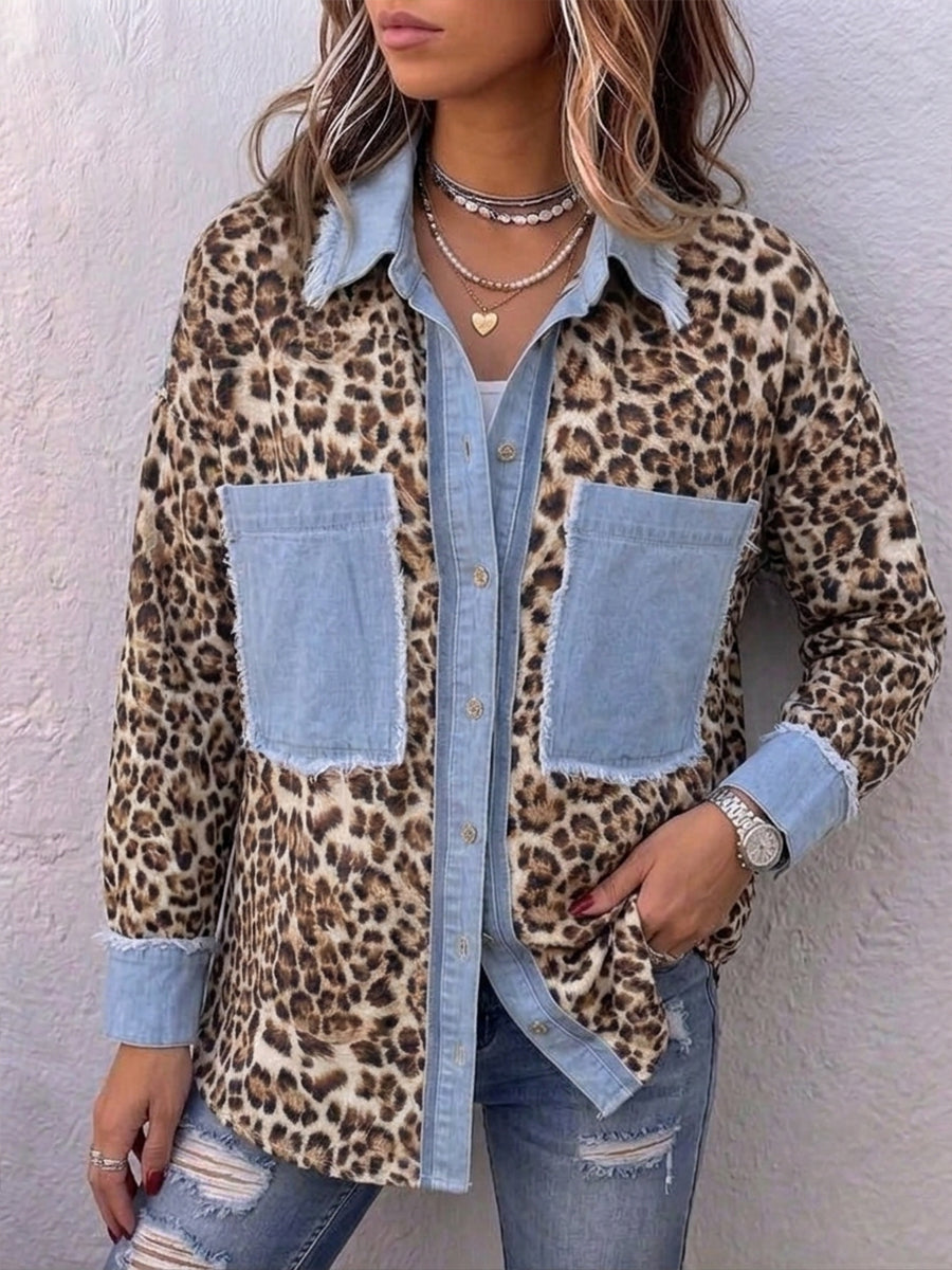 Relaxed-fit Casual Denim Shirt With Leopard-print Panels