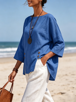 Breathable Blue Comfortable Cotton-linen Top