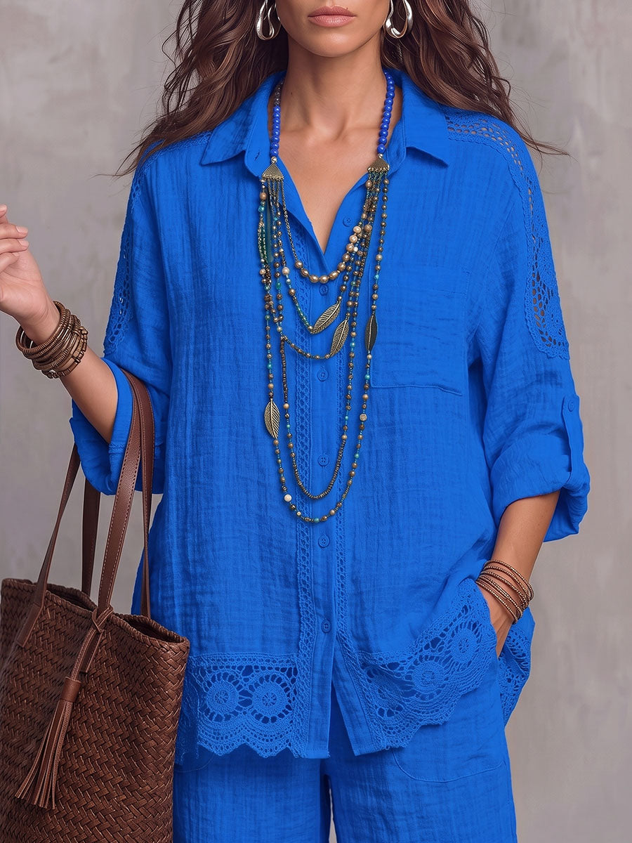 Vintage Elegant Crochet Floral Patchwork Cotton-Linen Shirt