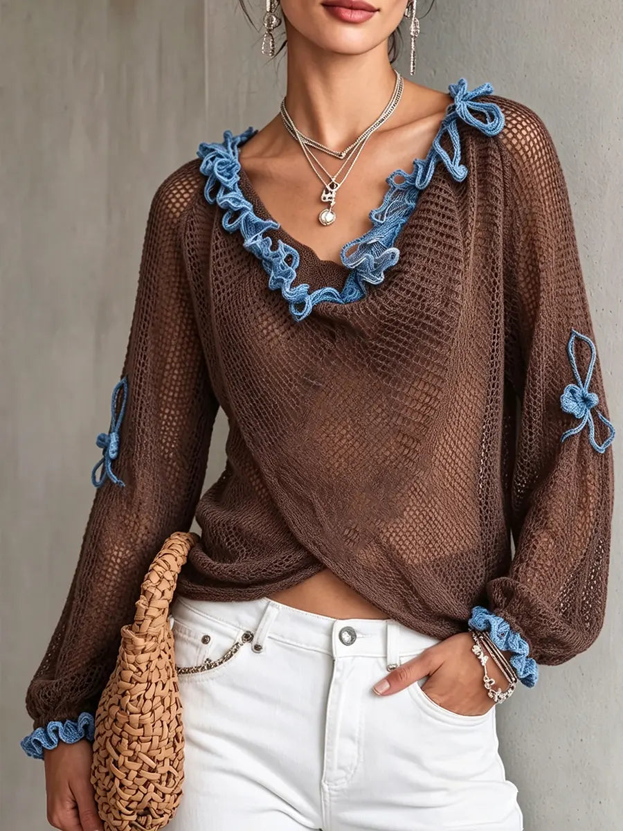 Bohemian Open-Knit Wrap Top with Contrast Ruffles