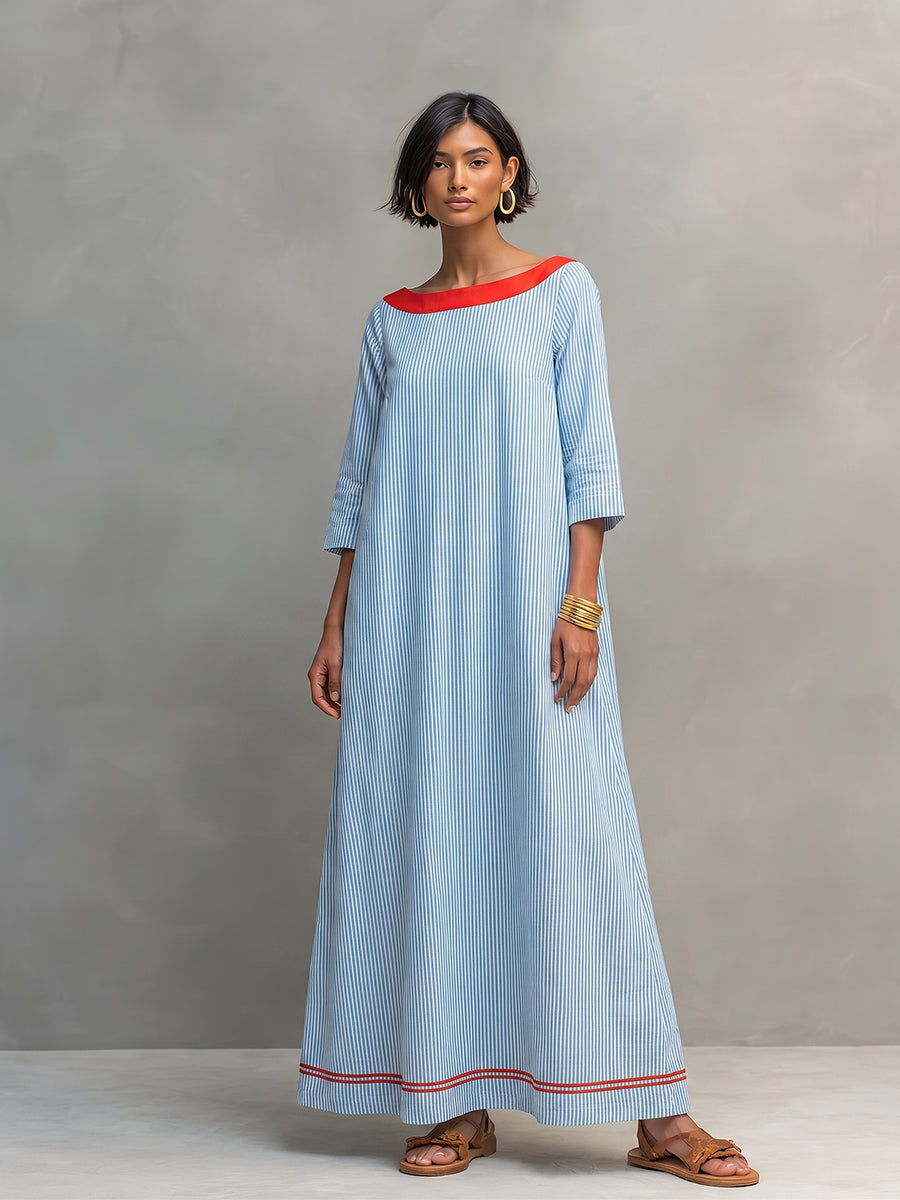 Elegant Striped Boat-neck Vacation Dress
