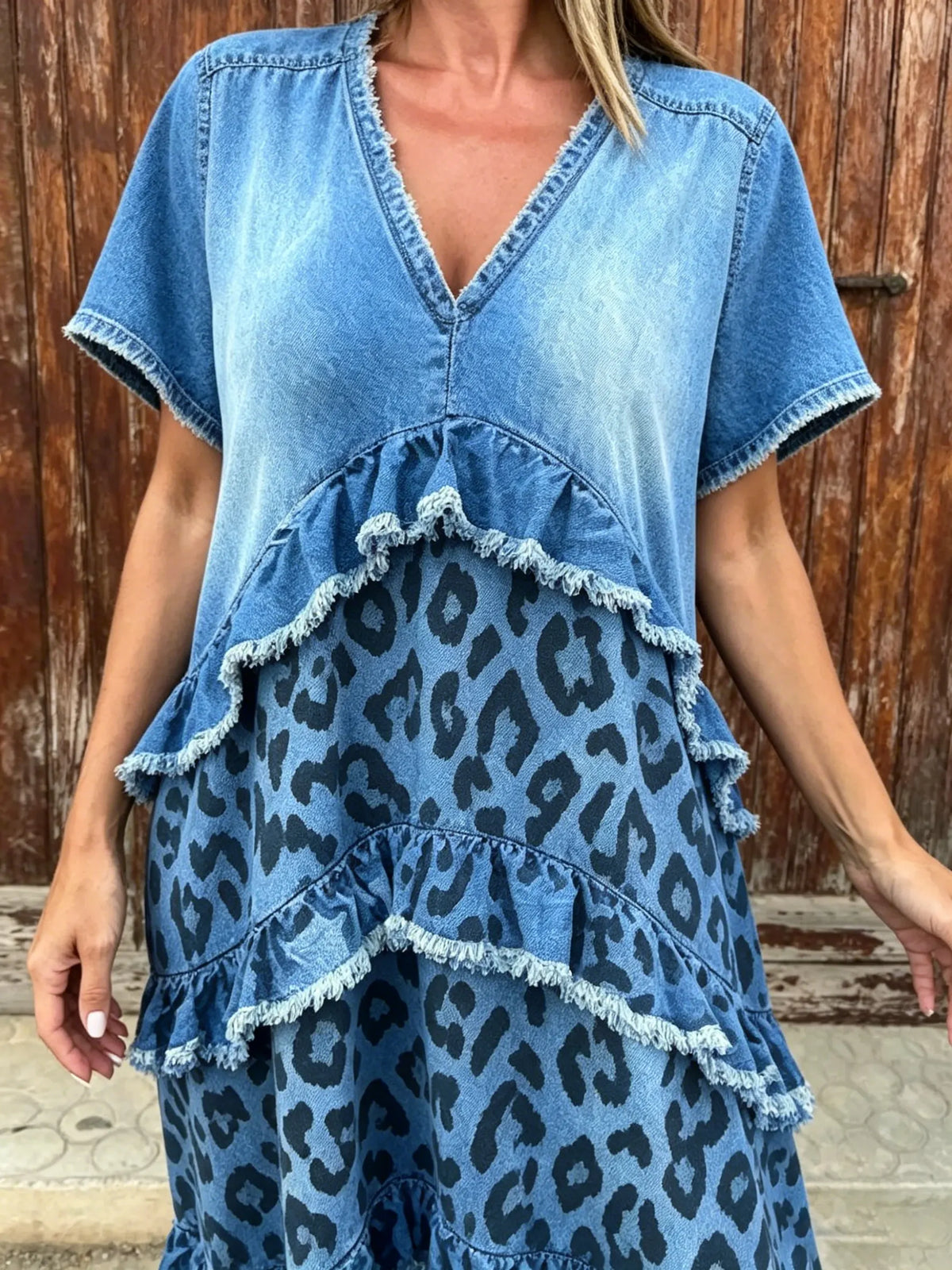 Women's Denim Patchwork Blue Leopard Multi Tier Ruffle Maxi Dress