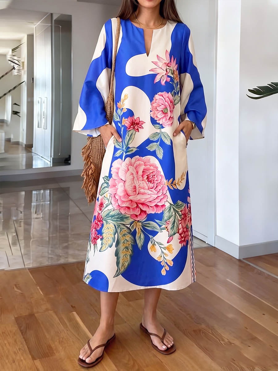 Women's Abstract Print V-neck Long-sleeve Casual Loose Cotton-linen Dress