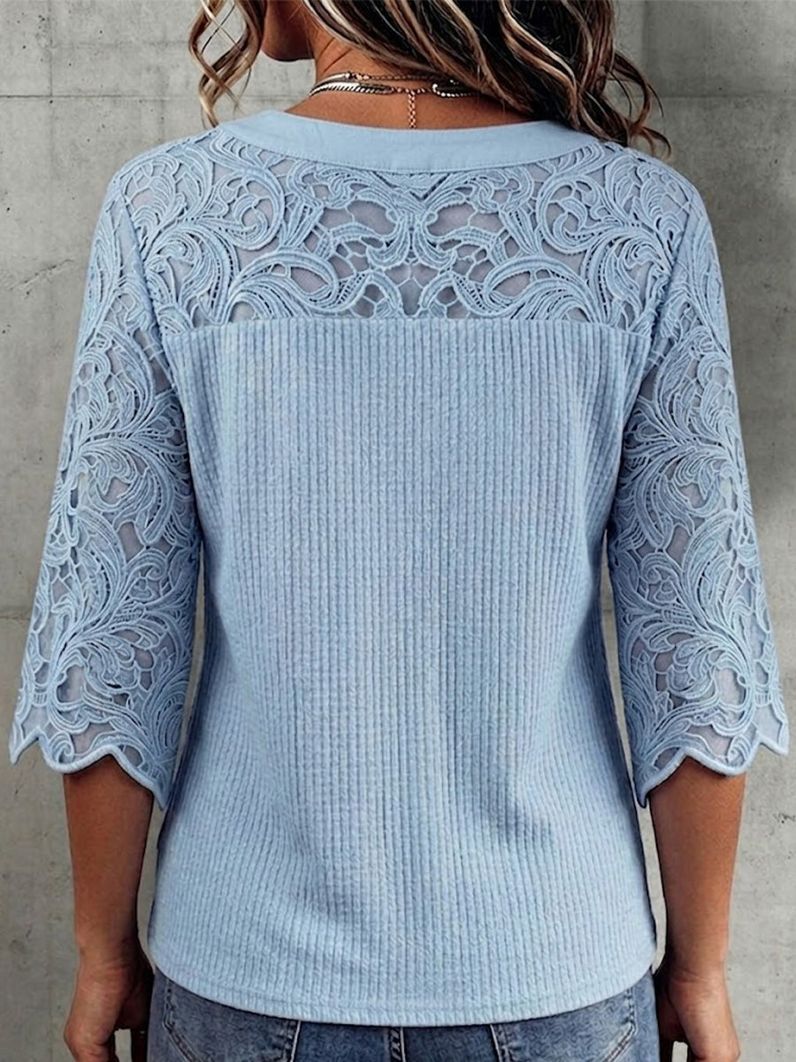 Elegant Knit Top With Floral Lace Paneling