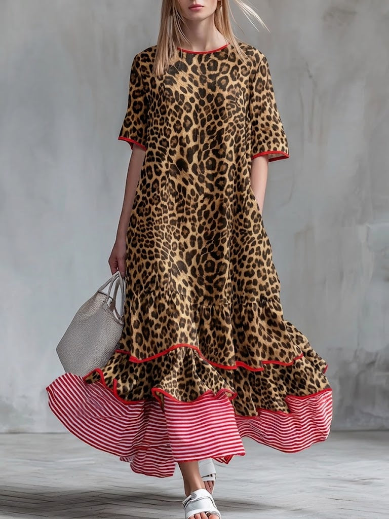 Elegant Ruffled Leopard-print Linen And Cotton Dress