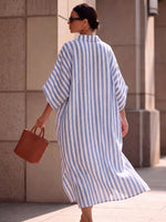 Elegant And Relaxed Striped Cotton-linen Dress With Batwing Sleeves