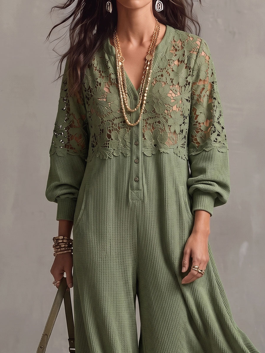 Vintage Elegant Waffle Patchwork Cutout Lace Jumpsuit