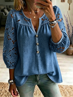 Loose-fit Washed Denim Top Featuring A V-neck, Wooden Buttons, Cut-out Floral Lace Details On The Shoulders And Sleeves, And Three-quarter Length Sleeves