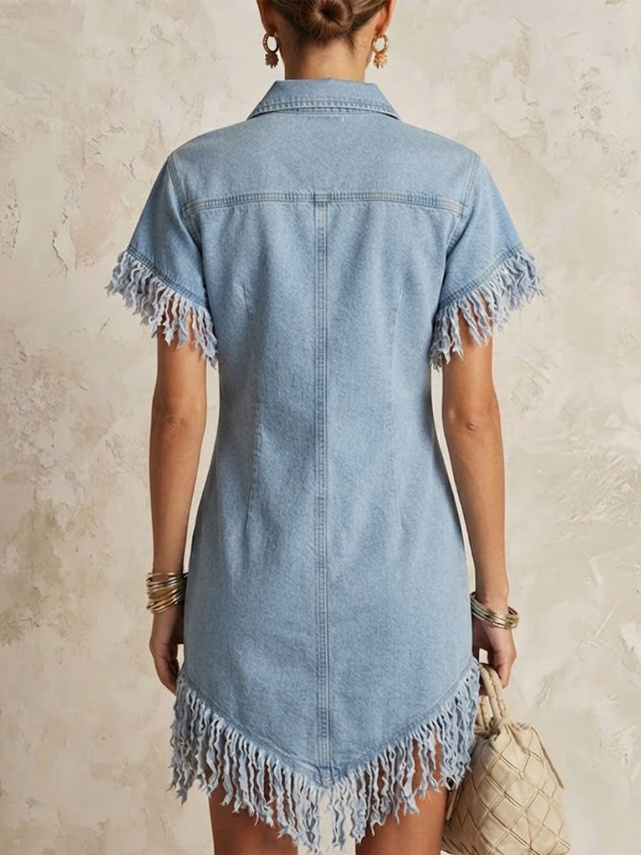 Wash Lapel Half Zip Fringe Raw Edge Short Sleeve Loose Denim Mini Dress