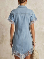 Wash Lapel Half Zip Fringe Raw Edge Short Sleeve Loose Denim Mini Dress