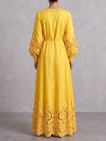 Radiant Yellow V-Neck Macramé Lace Linen Maxi Dress