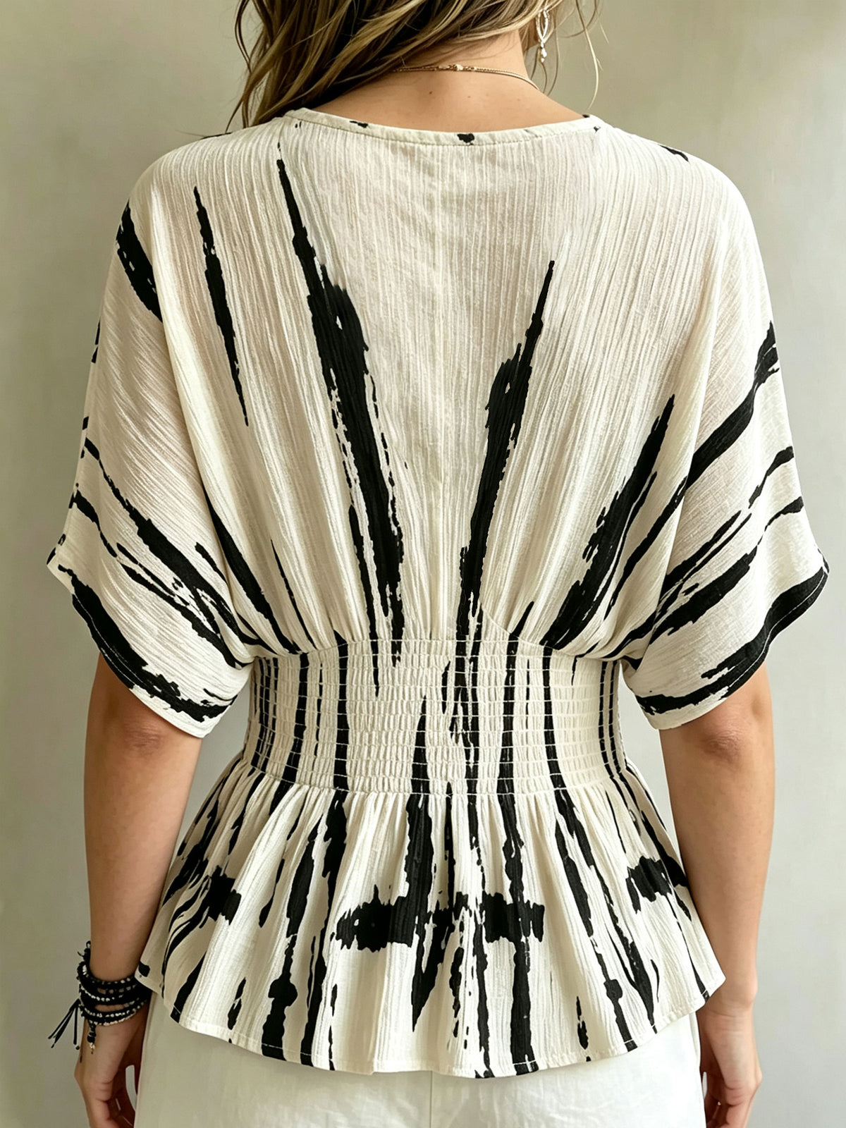Women’s Abstract Brushstroke Print V-neck Smocked Waist Batwing Peplum Blouse