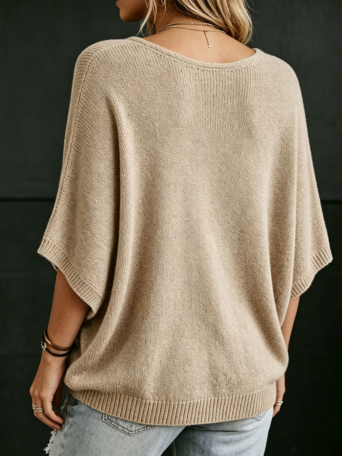 Women’s Oversized V Neck Batwing Short Sleeve Knit Sweater Top