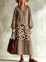 Women's Leopard Pattern Loose Art Casual Stylish Long Sleeve Dress