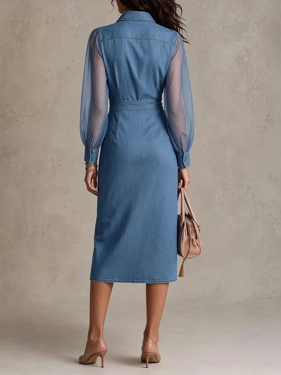 Chic Sheer-Sleeve Ruched Denim-Style Midi Dress
