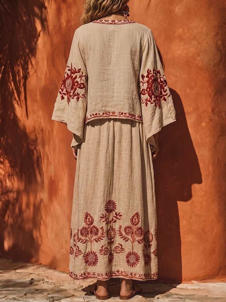 Women's Cotton-Linen Set: Casual Loose Long-Sleeve V-Neck Top with Placement Print & High-Waisted A-Line Skirt