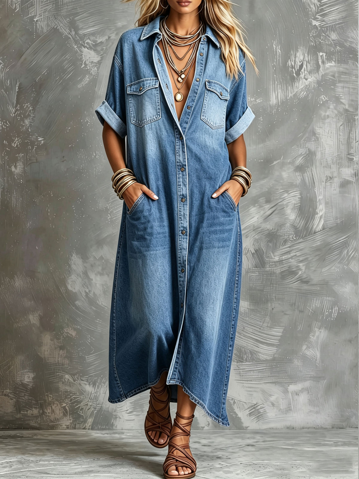 Women's Oversized Roll Cuff Pocket Long Denim Shirt Maxi Dress