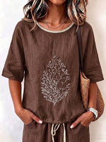 Women's Casual Loose-fit Cotton-linen Top With Placement Embroidery, Crew Neck, And 3/4 Sleeves With Drawstring Detail