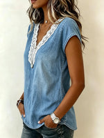 Women's V-Neck Lace Trim Denim Top