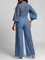 Casual Two-piece Set: Lace-paneled Denim Shirt And Trousers