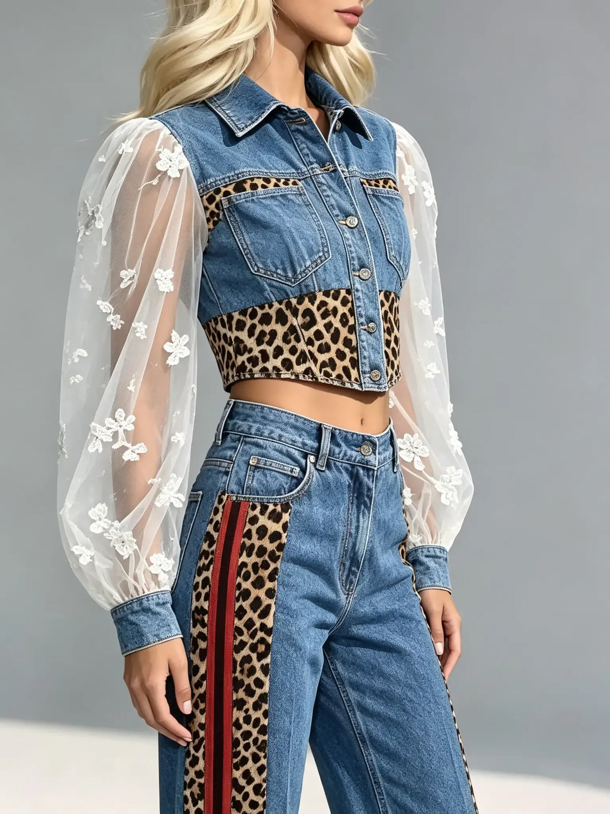 Women's Leopard Stripe Mesh Puff Sleeve Denim Top & Flare Pants Set