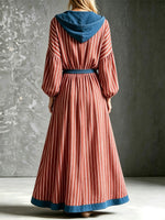 Retro Stripe Hooded Loose Art Casual 3/4 Sleeve Cotton Linen Long Dress