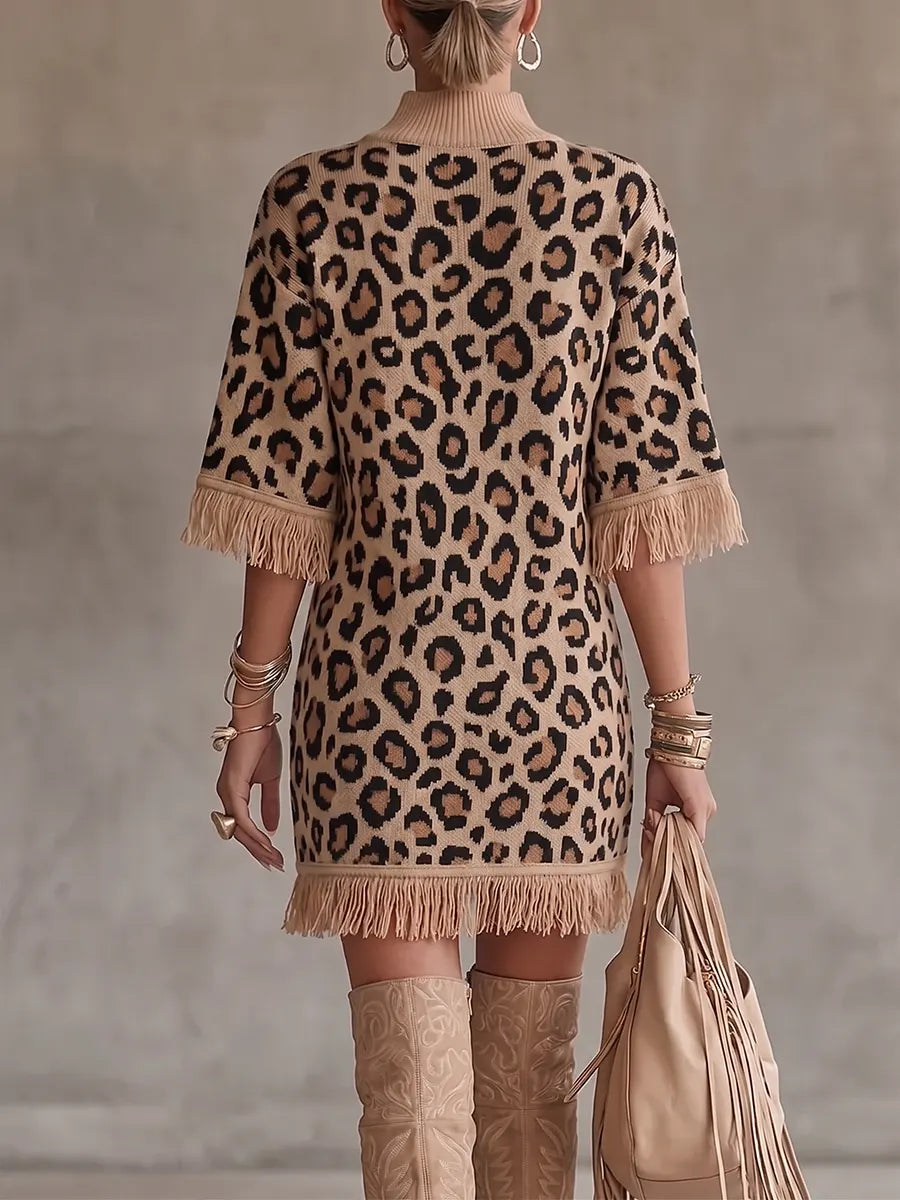 Bold Leopard Thin Knit Fringed Mock-Neck Sweater Dress