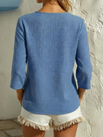 Loose-fit Solid-color Cotton-linen T-shirt With V-neck, Lace Paneling, And Three-quarter Sleeves