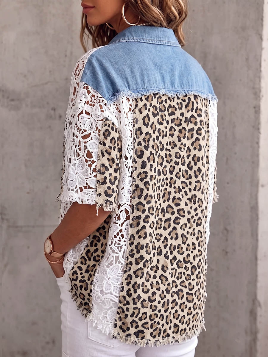 Vintage Elegant Patchwork Denim Leopard Cut-Out Shirt