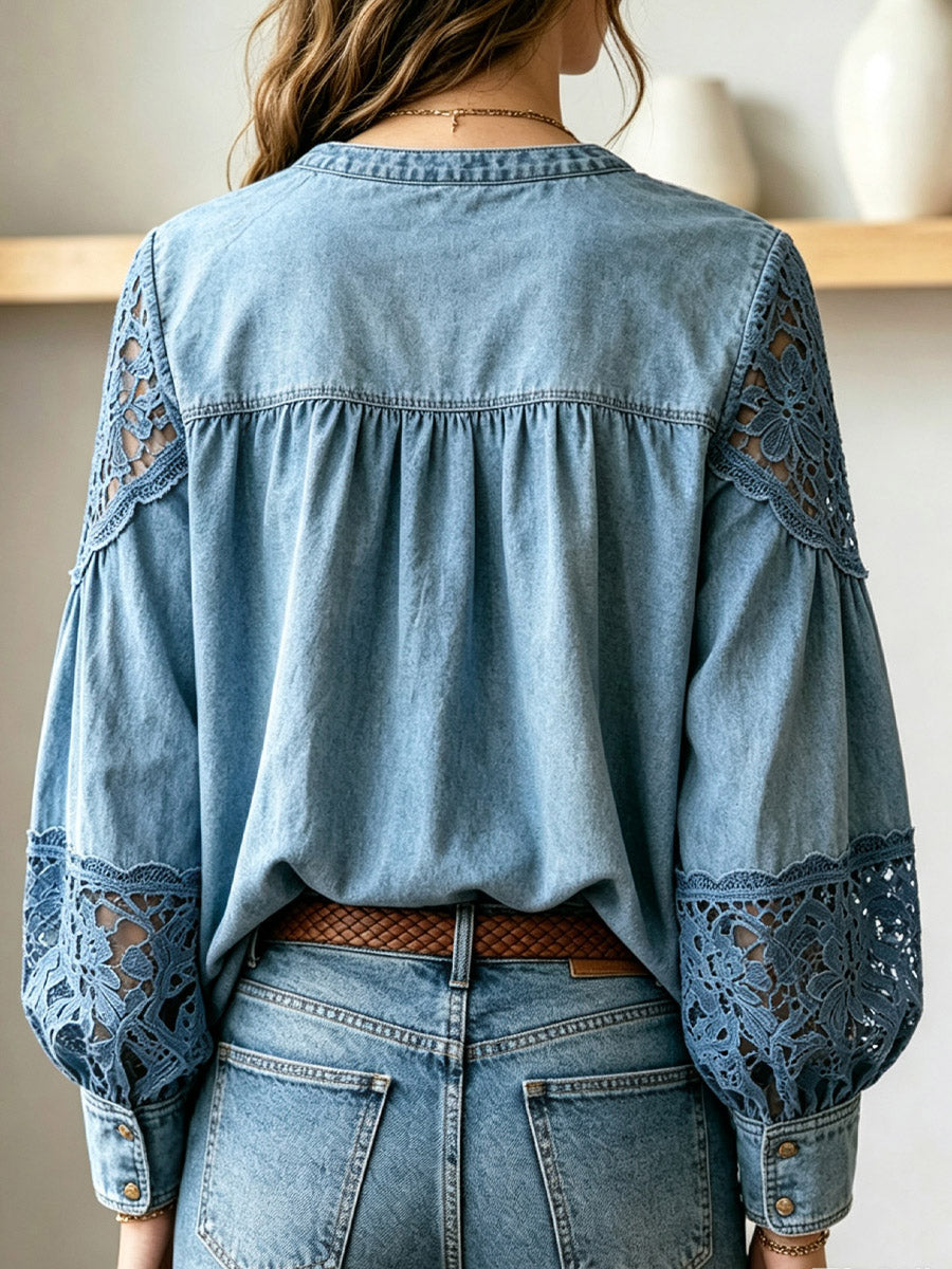 Retro Floral Hollow Lace Denim Patchwork Loose Art Casual Long Sleeve Shirt