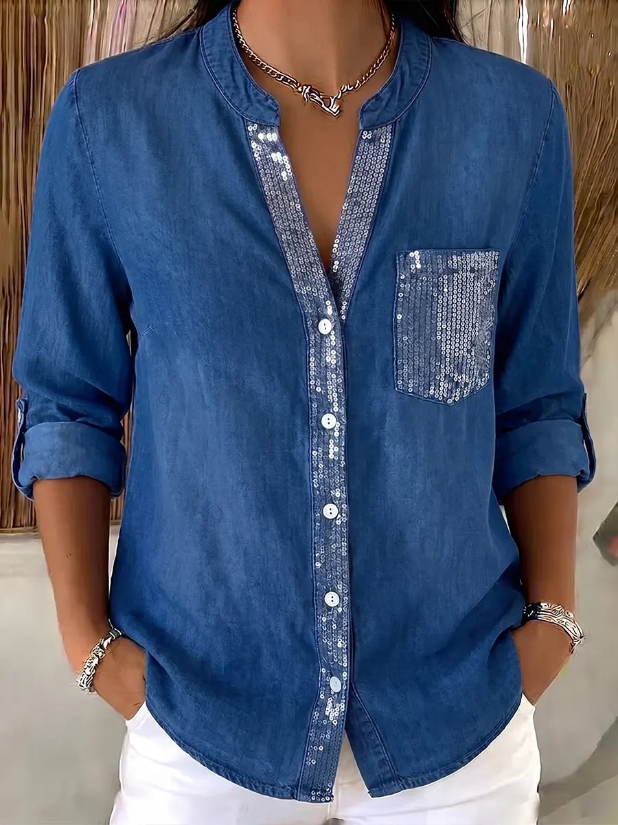 Chic Sequin Embellished Denim-Style Button-Down Top