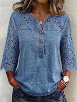 Wash Denim V-neck 3 Wooden Buttons Full Shoulder-sleeve Floral Cutwork Lace 7/8 Sleeve Loose Top