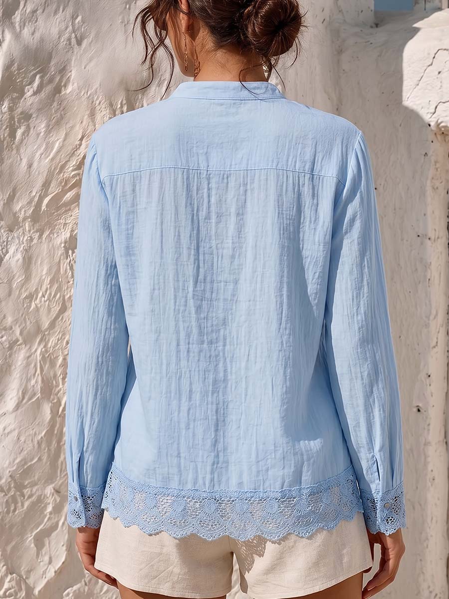 Women's Solid-color Stand-collar Long-sleeve Loose-fit Cotton-linen Shirt With Lace Paneling