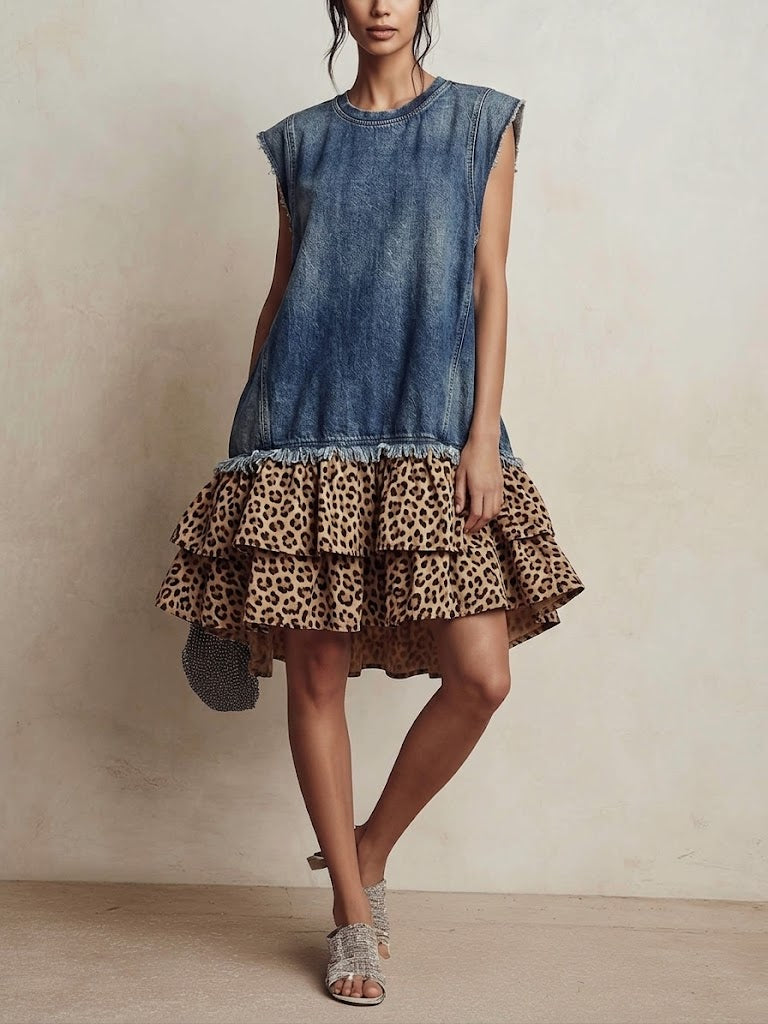 Casual Patchwork Leopard-print Denim Mini Dress With Ruffles
