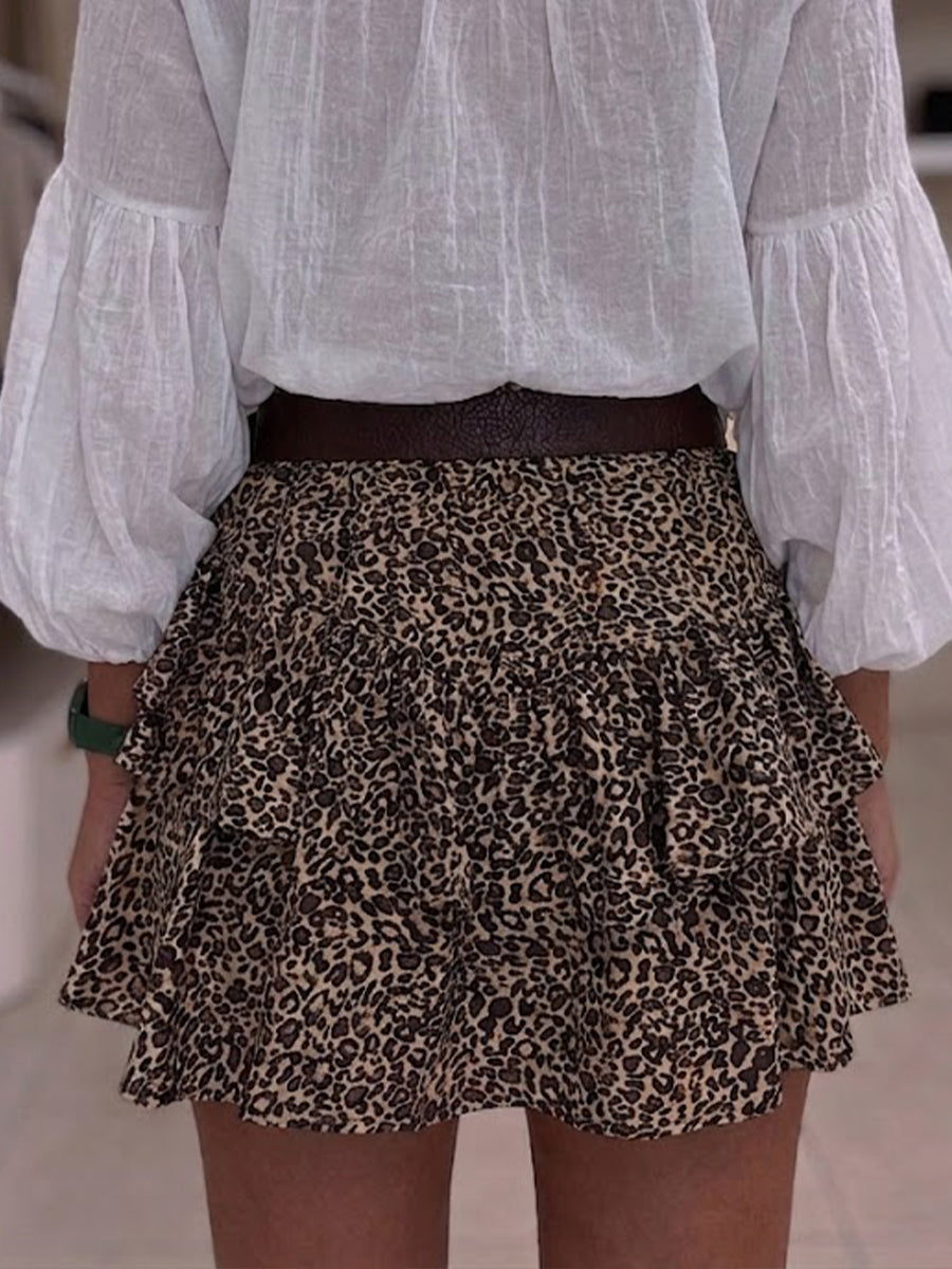 Western-style leopard print ruffled mini skirt