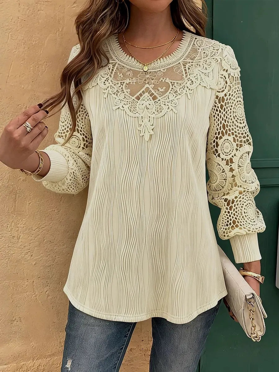 Romantic Vintage-Inspired Lace & Pleated Tunic Blouse