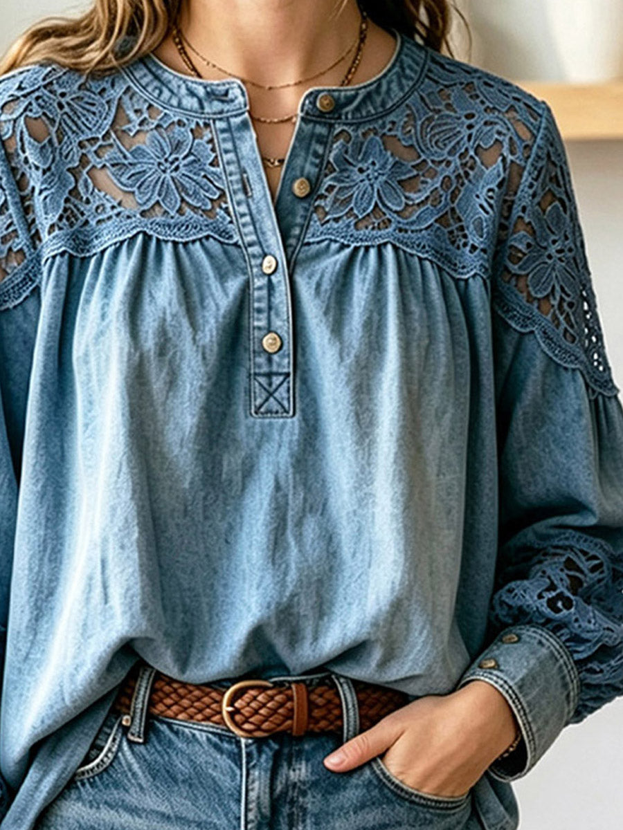 Retro Floral Hollow Lace Denim Patchwork Loose Art Casual Long Sleeve Shirt