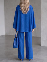 Royal Blue Statement-Button Blouse & Creased Wide-Leg Pants Set