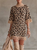 Bold Leopard Thin Knit Fringed Mock-Neck Sweater Dress