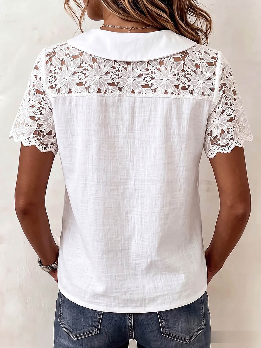 Women's Solid Color Peter Pan Collar Short-sleeve Casual Loose Cotton-linen Shirt With Lace Paneling