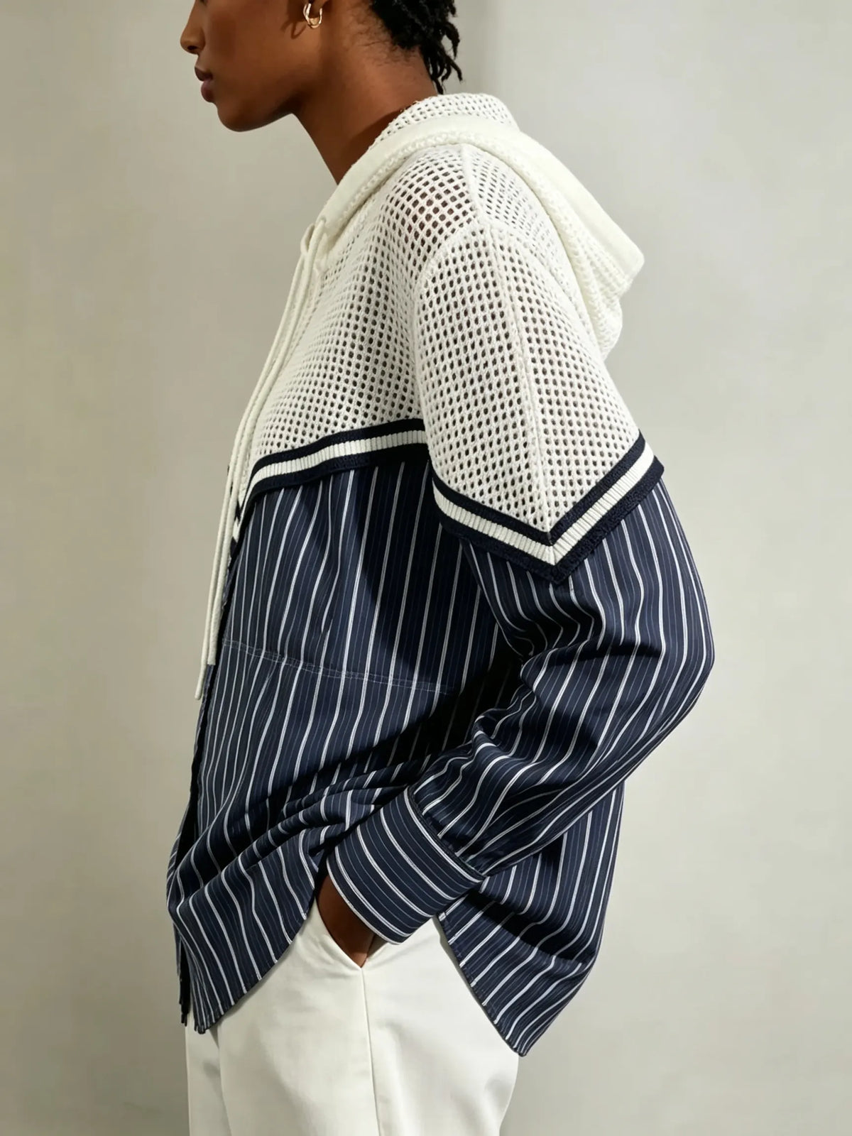 Women's Solid Hollow Out Vertical Stripe Patchwork Hooded Shirt