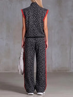 Chic Charcoal Leopard Sleeveless Zip-Up Top & Wide-Leg Track Pants Set