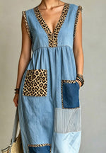 Retro Chic Leopard Denim Patchwork Loose Art Casual Sleeveless Dress