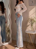 Slimming Wide-leg Jeans With Lace Paneling, Color-blocking, And Beading