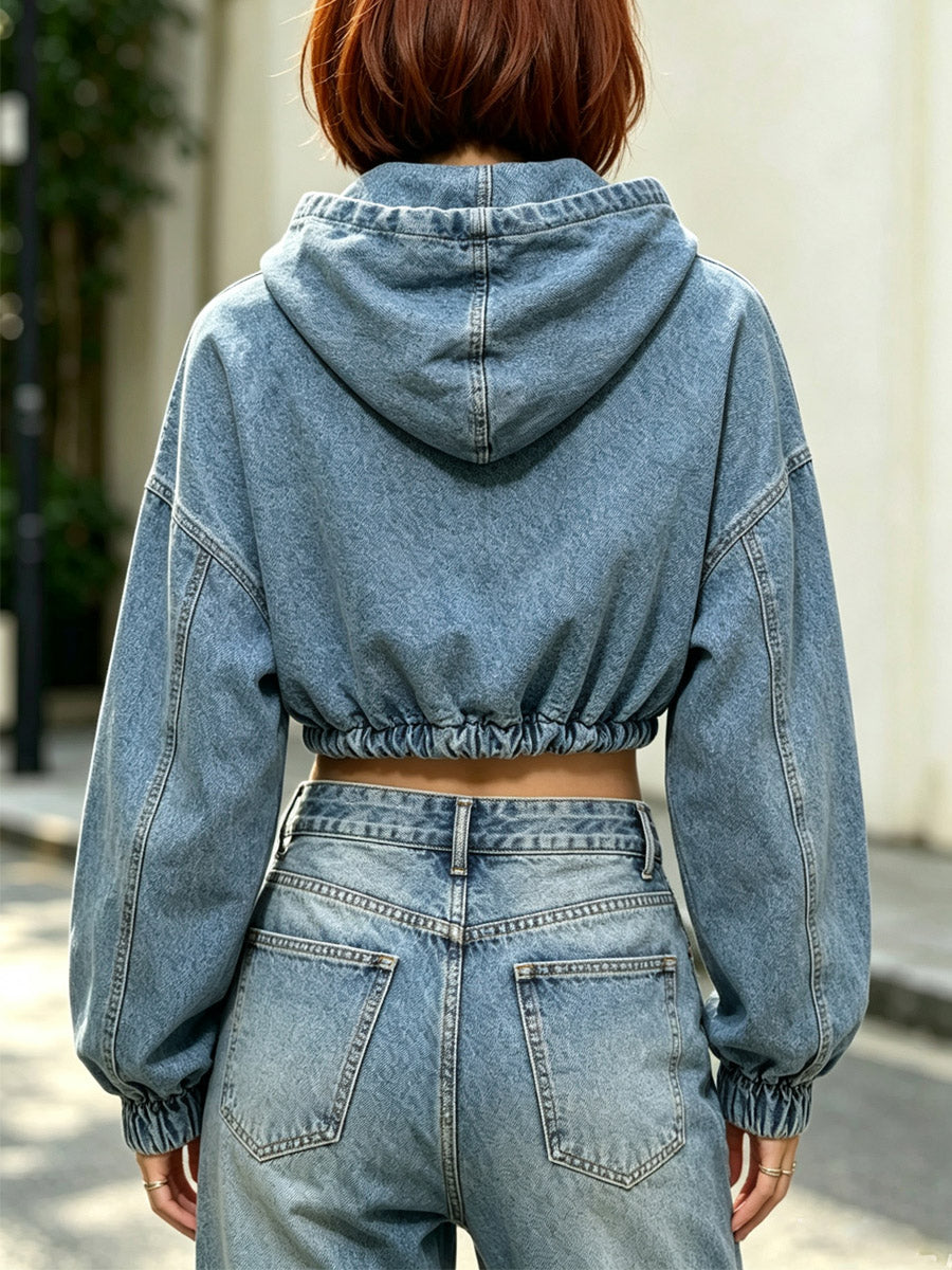 Retro Denim Hoodie Drawstring Long Sleeve Art Casual Stylish Shirt