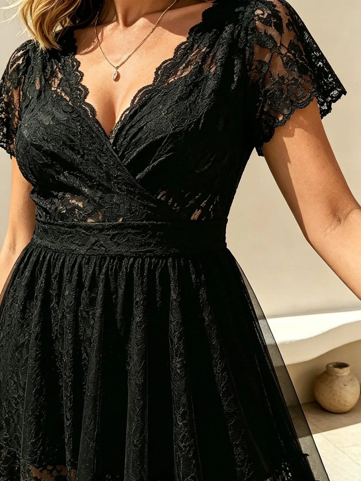 Women's Solid Lace Sheer V-Neck Midi Dress