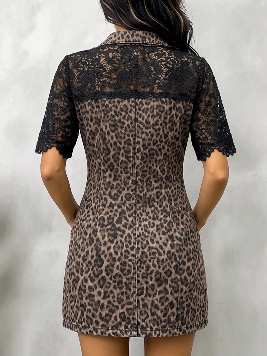 Casual Leopard-print Denim Mini Dress With Lace Paneling