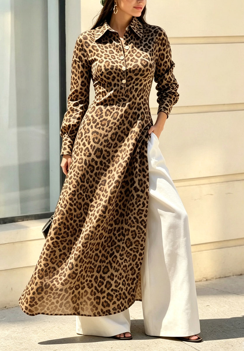 Retro Leopard Pattern Art Long Sleeve Casual Stylish Lapel Long Shirt