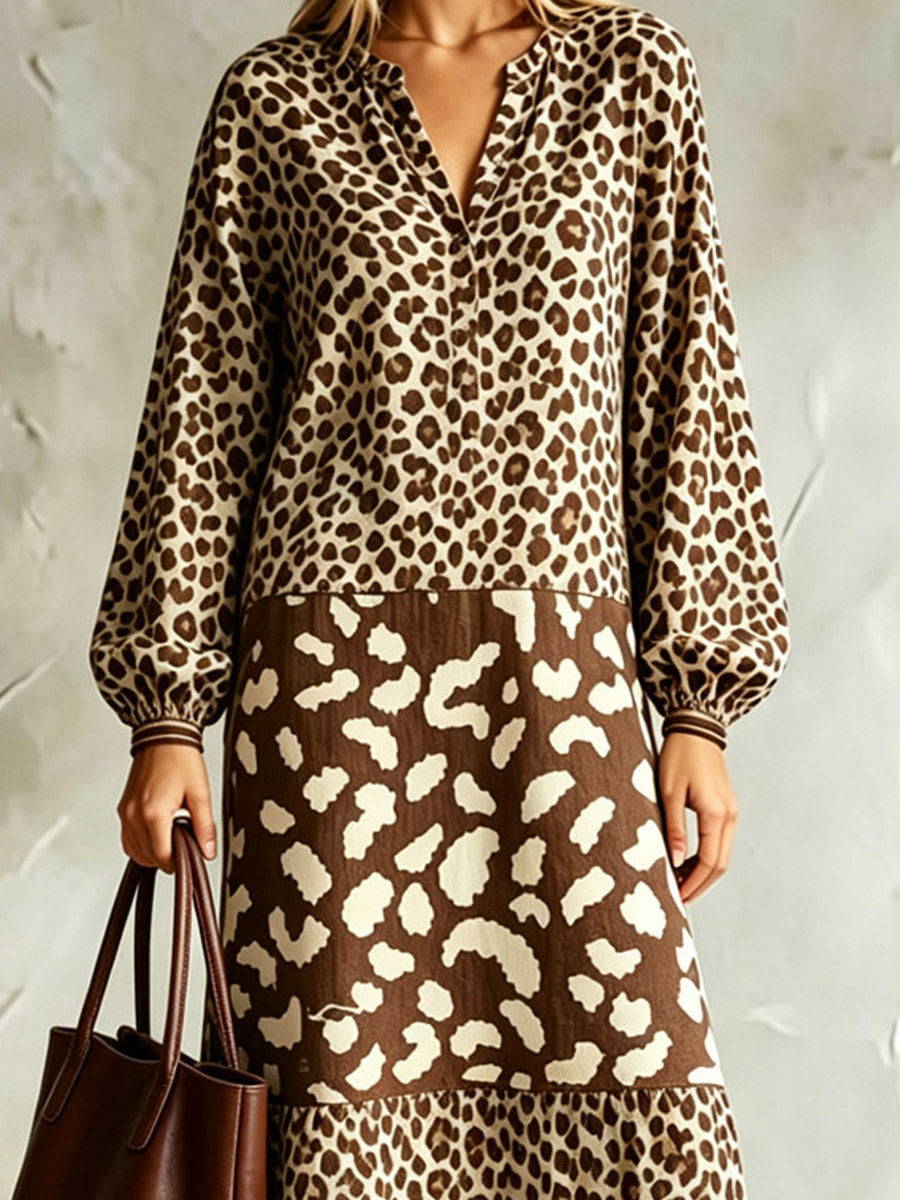 Women's Leopard Pattern Loose Art Casual Stylish Long Sleeve Dress